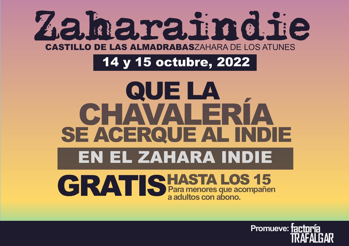 En el Zahara Indie escuchamos a nuestra gente. Que las chicas y los chicos puedan vivir la experiencia en familia será una pasada. Teníais razón.
Niñas, niños y adolescentes hasta 15 años ¡GRATIS!🎸🎸
ABONOS
zaharaindie.es
bit.ly/3GGIoDj