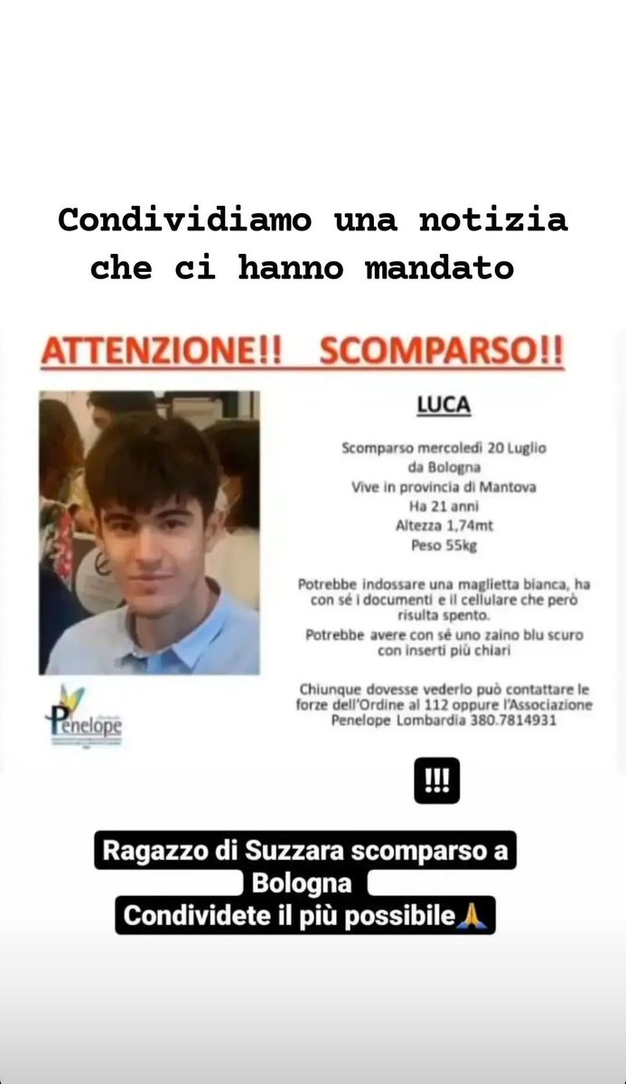 LellyMellyy's tweet photo. Raga, importante: da Bologna è scomparso un ragazzo del mio paese, per favore fate girare. https://t.co/tq12WMgsS1