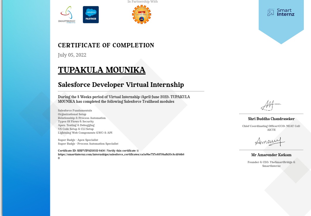 MounikaTupakul1's tweet photo. It was a great experience and got the chance to sharpen my skill with Salesforce Developer virtual Internship. 
#MVGRSFDAYS https://t.co/SDQhxf9WGj