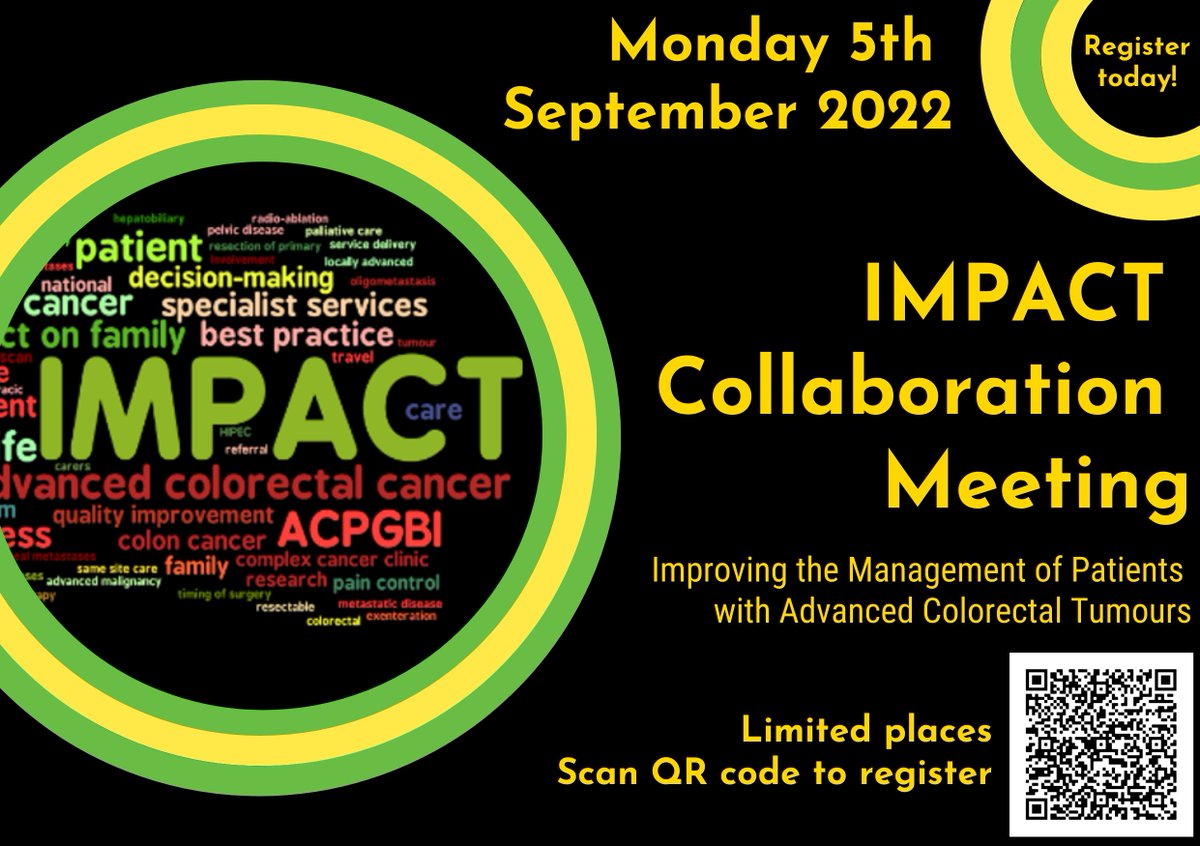 📣 IMPACT Collaboration Meeting ⭐️, Monday 5th September 2022, RCS England, London. Come along for an update on the IMPACT programme as well as current research and developments in advanced colorectal cancer. Programme announced very soon. Register here:

eventbrite.com/e/impact-launc…