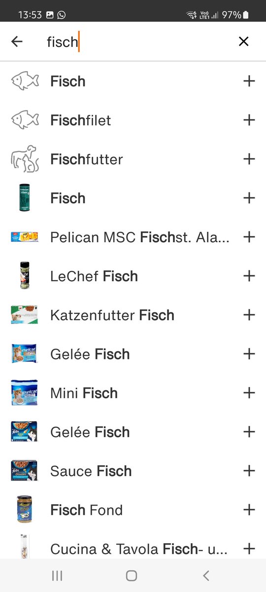 MathiasTodai's tweet photo. @migros Fallbeispiel ich suche einen Fisch:
Einkaufsliste - tippen auf das Feld "+ Eintrag hinzufügen" - eintippen "fisch" - runter scrollen bis zu "Mehr Ergebnisse zu fisch" - antippen des orange markierten Feldes - "Muuuuuh" https://t.co/xesmBtfOuw