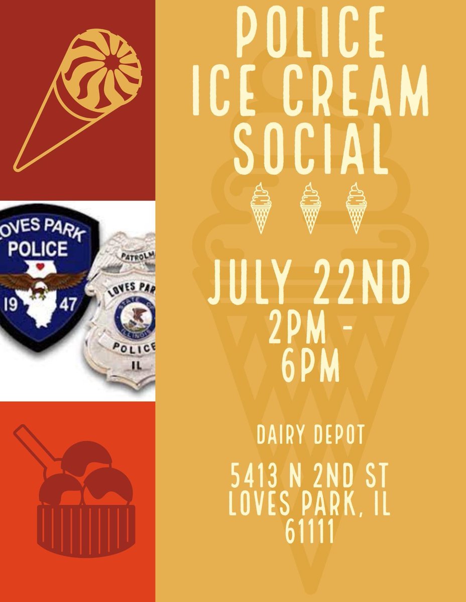 LovesParkPD's tweet photo. We will be at Dairy Depot, 5413 N. 2nd St., on Friday, 07/22/22, from 2 pm to 6 pm, to visit with the community. Please, stop by and see us and enjoy some ice cream!! 🍦🍦🍦 https://t.co/INFutBim4N