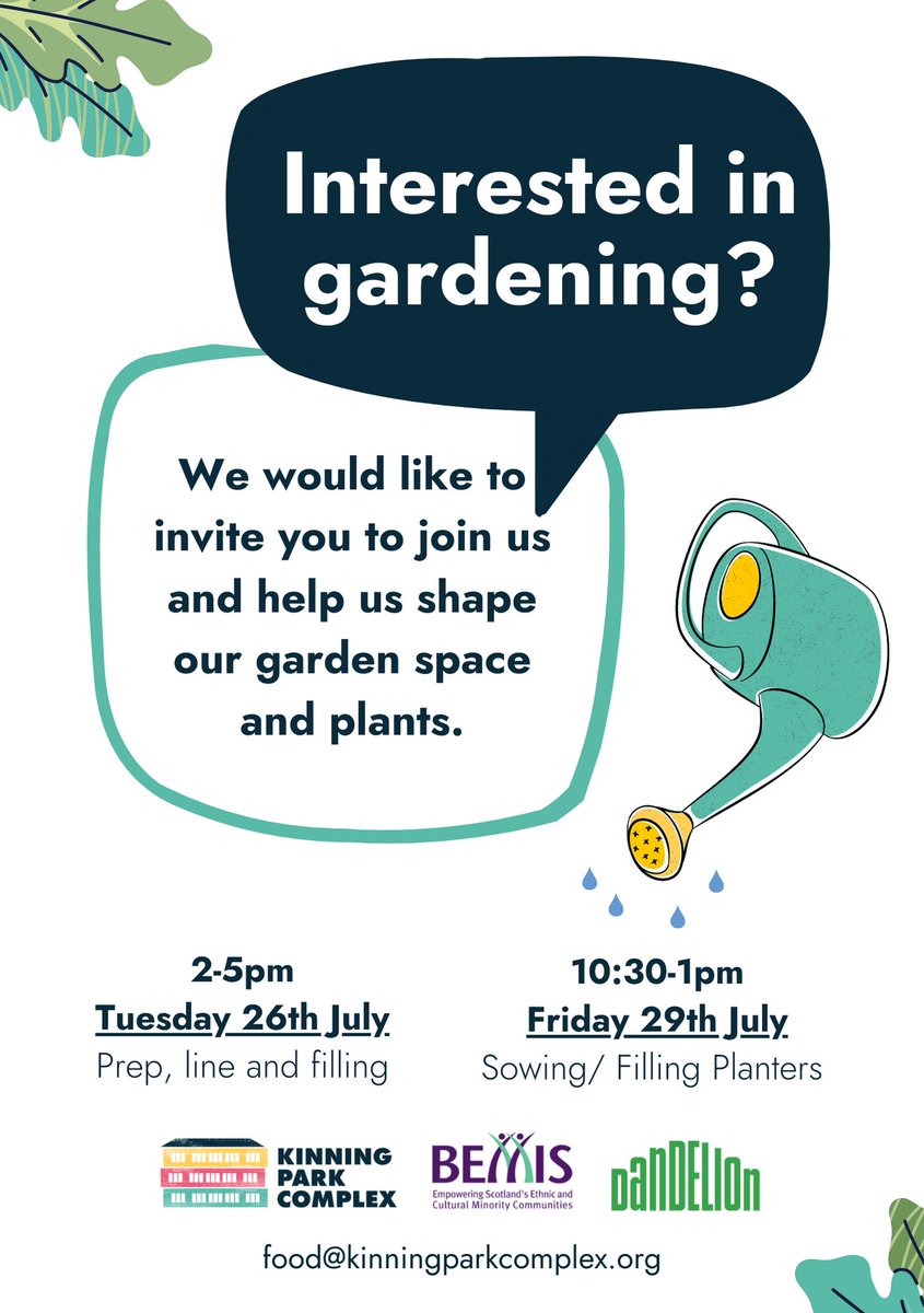 We are super excited to be bringing back our #gardeningsessions thanks to funding from <a href="/DandelionScot/">Dandelion</a> 🌱🌱🌱

Lend a hand in the garden at 2 drop in sessions:
📅Tuesday 26th Jul 2-5pm 
📅Friday 29th Jul 10.30-2pm

👉Email food@kinningparkcomplex.org if any questions!