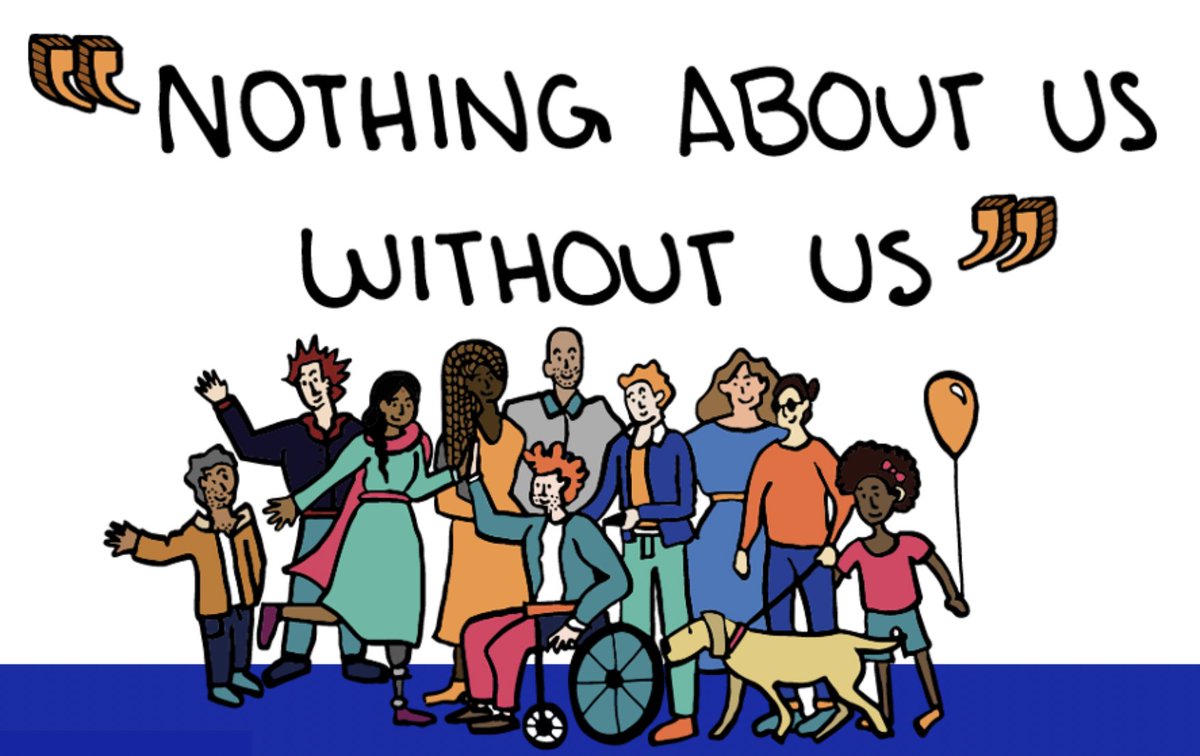 Illustration of a diverse group of persons with disabilities and the text “nothing about us without us”.