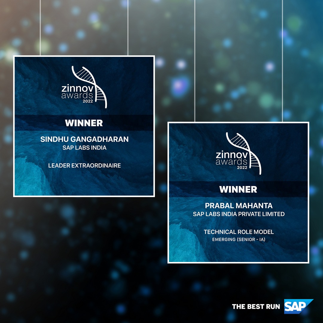 saplabsindia's tweet photo. A very proud moment for us at SAP Labs India, as our leader @gangadharansind is awarded Leader Extraordinaire for her exemplary contributions to India's Tech Industry and our colleague @Prabal_for_life being recognized as Technical Role Model. https://t.co/jYF4U62s2I