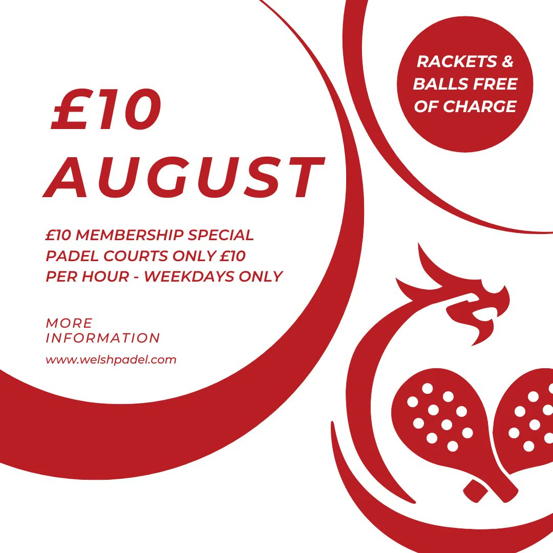 welshpadel's tweet image. Weekday court fee - £10 - that's THE TOTAL price for the court! split that between four and you can bring the whole family along to have a go!
£10 membership offer - Become a member for just £10!

Who's excited for August?!

#welshpadel #augustoffer #august #padel
