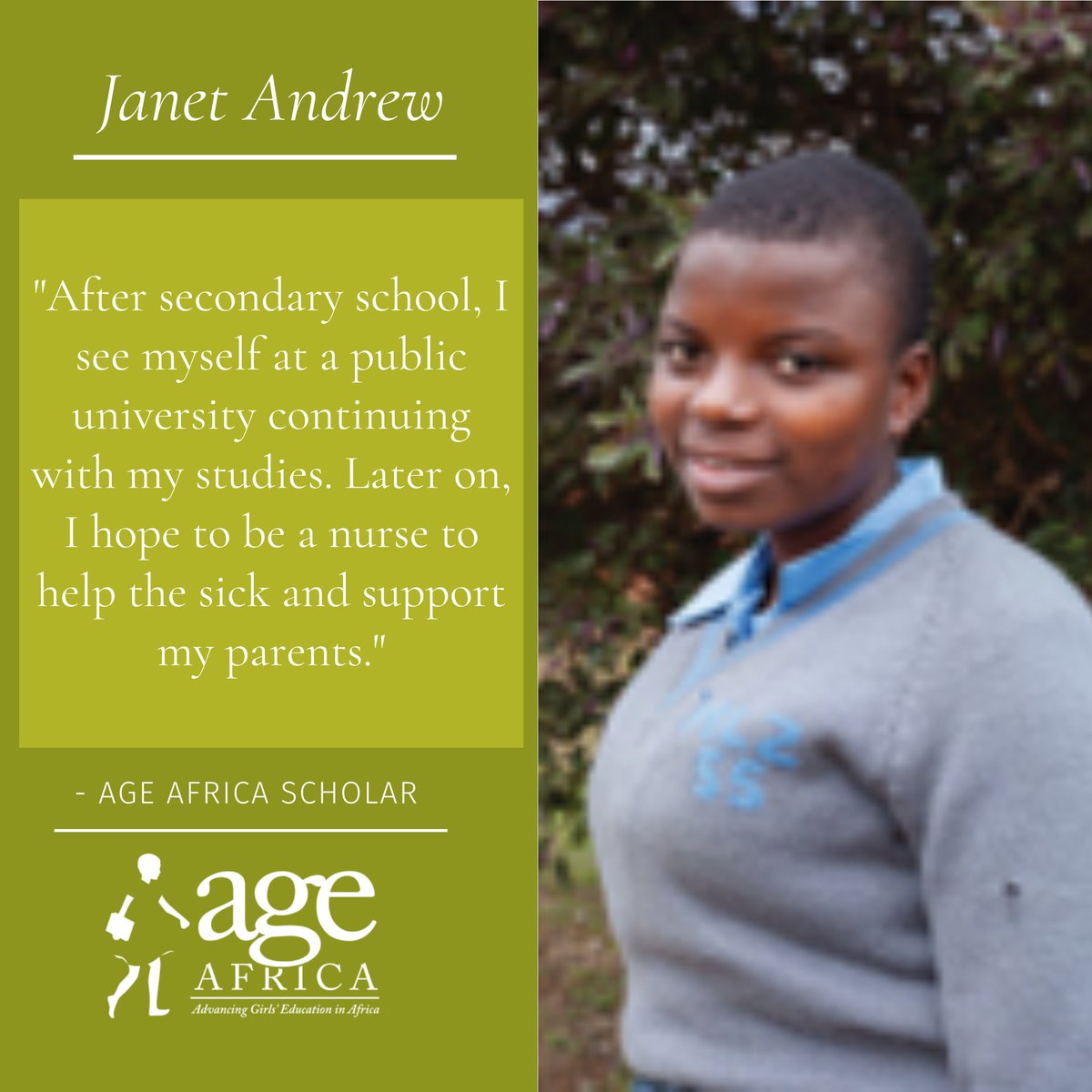 Meet #AGEAfrica scholar, Janet Andrew. She is currently in form two of her secondary studies. Janet is dedicated to advancing her education in hopes of achieving her goal of being a nurse. We are proud of Janet and her efforts to join the healthcare field. #GirlsEducation