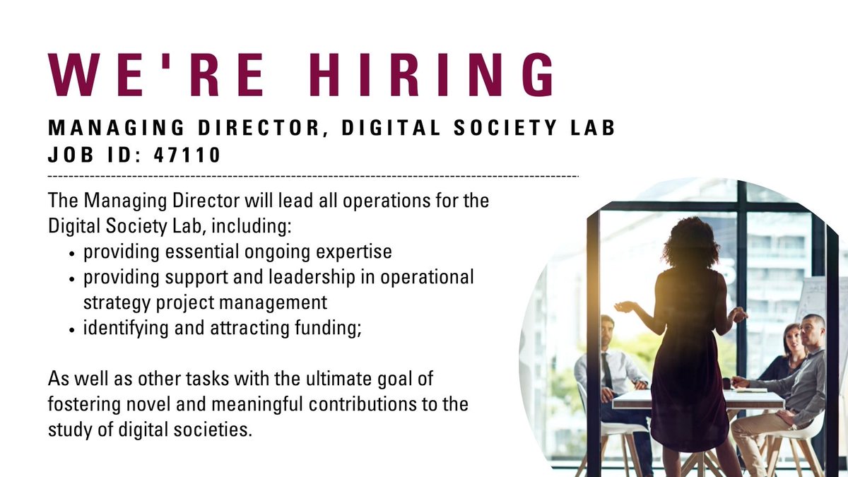 McMasterSocSci's tweet photo. Come work with us! 

We're hiring a Managing Director for our Digital Society Lab. Apply by August 10, 2022. 

Learn more: https://t.co/JelLZH6hri https://t.co/zJw44YF6WI