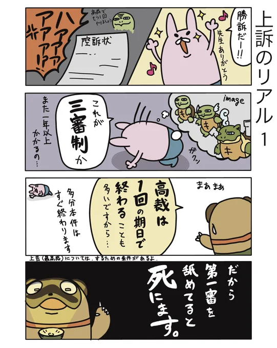 高裁初めてやったときは「こんなすぐ終わるん!?」ってビックリしました。もちろんケースによりますけどね。

#弁護士 #法律事務所 #漫画 #四コマ漫画  #エッセイ漫画  #漫画が読めるハッシュタグ #マンガが読めるハッシュタグ #たぬじろう #食っていけない弁護士 