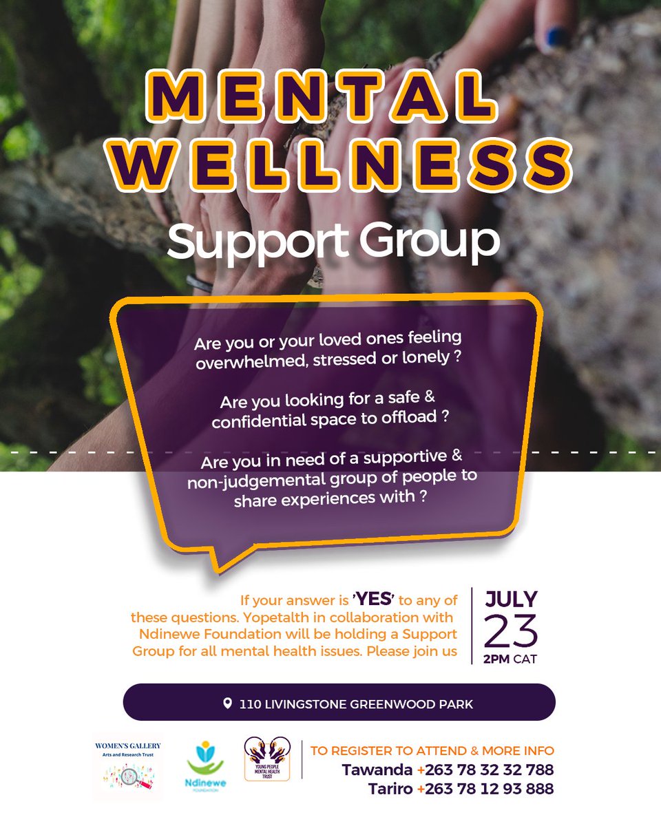 If you are in Harare, come through. There are no costs. #MentalHealthMatters 
YO-MENTAL HEALTH
YO-SUPPORT GROUP organized by <a href="/YoPetalth/">Young People Mental Health Trust</a>, <a href="/ndinewezimbabwe/">Ndinewe</a> and <a href="/women_gallery/">Women's Gallery</a> . Don't forget to bring a friend. 
<a href="/zimyouthcouncil/">Zimbabwe Youth Council</a> <a href="/mental_lets/">Lets Talk Mental Health Zimbabwe</a> <a href="/YetTrust/">#Youth4SDGs</a> <a href="/MoHCCZim/">Ministry of HealthZW</a>