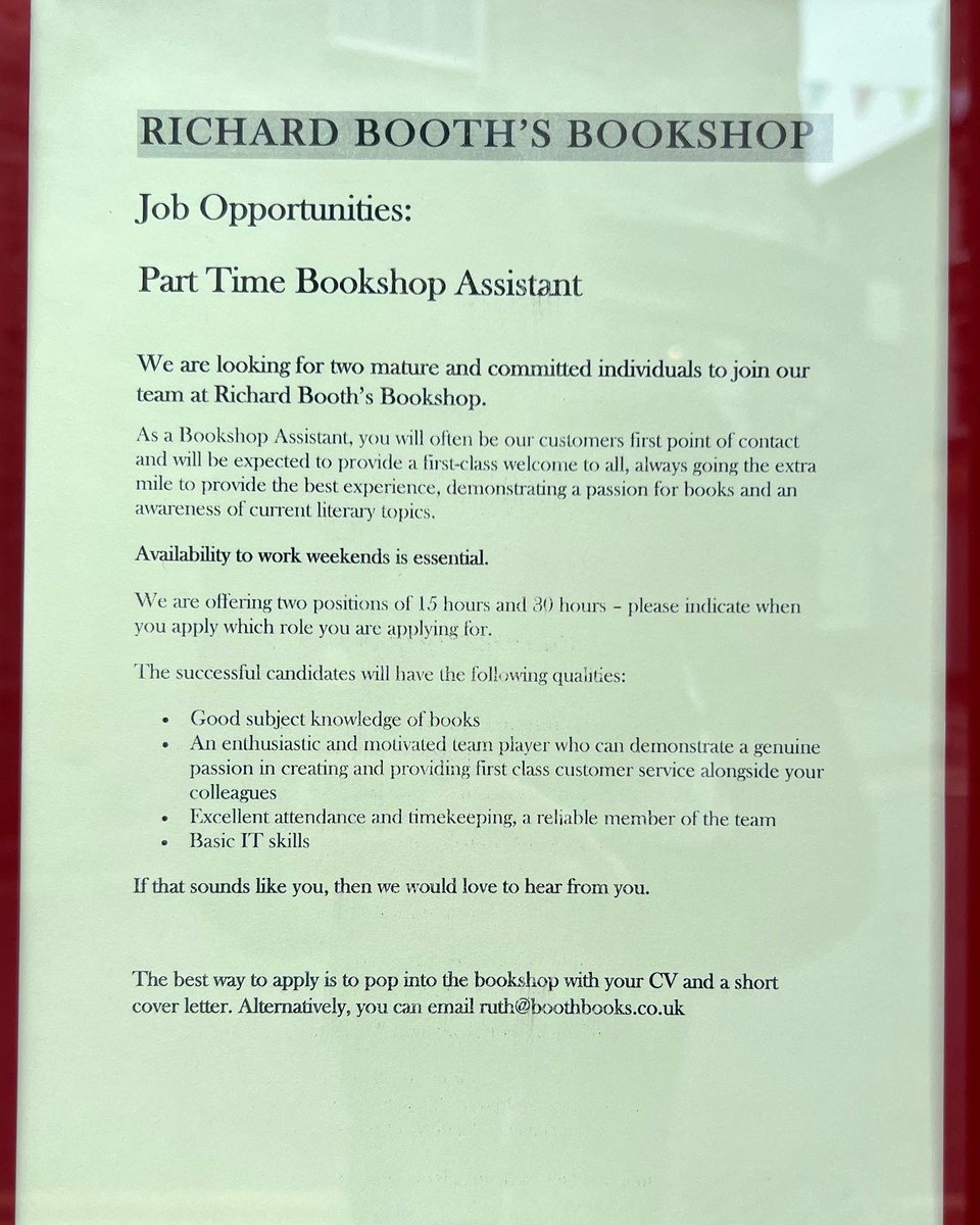 RichardBooth's Books (@boothsbookshop) on Twitter photo Do you love books?
Have you always dreamed about working in a bookshop? πβ€οΈ
To apply for Bookshop Assistant: email your CV & cover letter to Ruth at ruth@boothbooks.co.uk
To apply for Cinema Attendant: email your CV & cover letter to Eliza at cinema@boothbooks.co.uk Do you love books?
Have you always dreamed about working in a bookshop? πβ€οΈ
To apply for Bookshop Assistant: email your CV & cover letter to Ruth at ruth@boothbooks.co.uk
To apply for Cinema Attendant: email your CV & cover letter to Eliza at cinema@boothbooks.co.uk