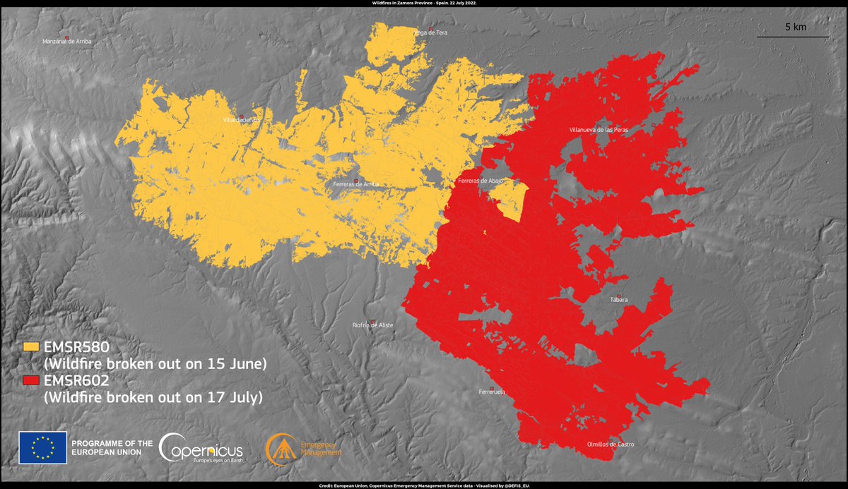 defis_eu's tweet photo. #ImageOfTheDay

On 17 July, a major fire broke out in the Zamora province🇪🇸 (in an area adjacent to the one where 25,000 ha of 🌳were burnt in June)

➡️~31,000 ha affected
➡️The 2 #wildfires🔥 together burnt an area slightly smaller than the size of #Madrid

⬇️@CopernicusEMS data https://t.co/MvSvmLx15t