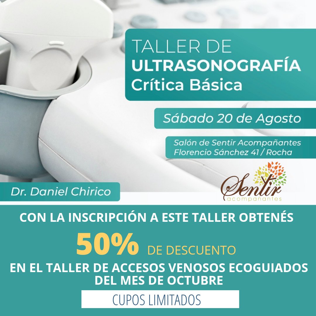 🔴 ATENCIÓN ROCHA 
🖥️Taller de Ultrasonografía Crítica Básica 
🗓️Sábado 20/08
📍Florencio Sánchez 41|Rocha
🗒️Temario:
✓Nociones básicas de ultrasonido
✓Eco fast ✓Pulmón
✓Protocolo de Shock y Disnea
🏥Info e inscripción: 
Por mensaje privado
<a href="/DChiricoII/">Daniel Chirico</a> #ultrasonografia
#Curso