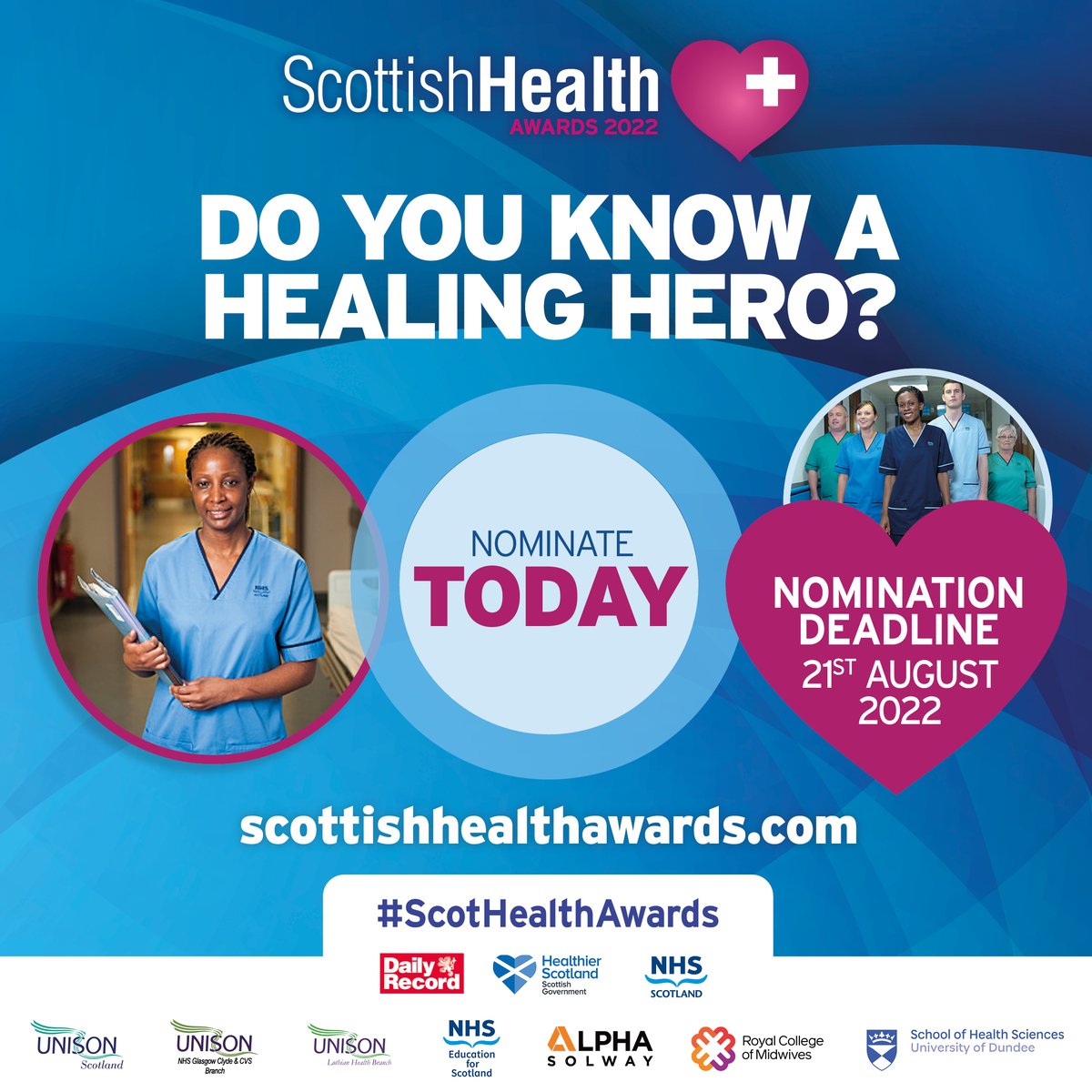 Reach Scotland Events (@reachscotevents) on Twitter photo Nominate your healing hero in the Scottish Health Awards 2022!
Visit scottishhealthawards.com and choose from 16 categories
#ScotHealthAwards
<a href="/NHSScotEvents/">Events Team</a> @UNISON_NHSGGC <a href="/unisonscot/">UNISON Scotland</a> <a href="/LothianUnison/">UNISON Lothian health</a> <a href="/AlphaSolway/">Alpha Solway</a> <a href="/NHS_Education/">NHS Education for Scotland (NES)</a>
<a href="/ScotlandRCM/">The RCM Scotland</a> <a href="/UoDHealthSci/">School of Health Sciences, University of Dundee</a> Nominate your healing hero in the Scottish Health Awards 2022!
Visit scottishhealthawards.com and choose from 16 categories
#ScotHealthAwards
<a href="/NHSScotEvents/">Events Team</a> @UNISON_NHSGGC <a href="/unisonscot/">UNISON Scotland</a> <a href="/LothianUnison/">UNISON Lothian health</a> <a href="/AlphaSolway/">Alpha Solway</a> <a href="/NHS_Education/">NHS Education for Scotland (NES)</a>
<a href="/ScotlandRCM/">The RCM Scotland</a> <a href="/UoDHealthSci/">School of Health Sciences, University of Dundee</a>