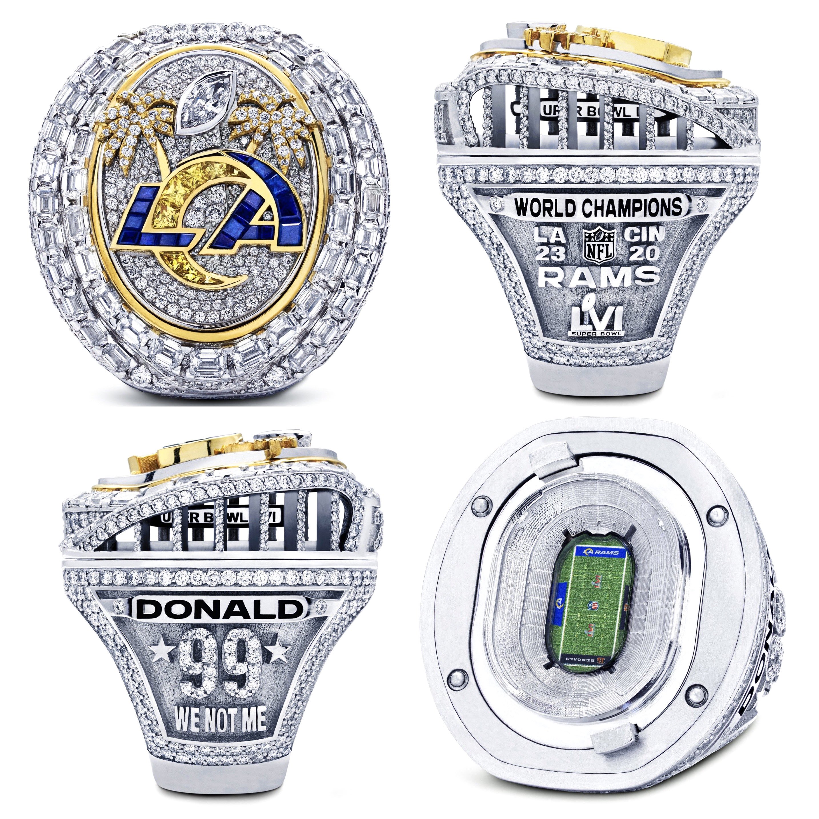 Front Office Sports on X: The LA Rams have unveiled their Super Bowl rings  💍 ➖ Removable top with mini SoFi Stadium inside ➖ Pieces of game-winning  ball and SoFi Turf ➖ .