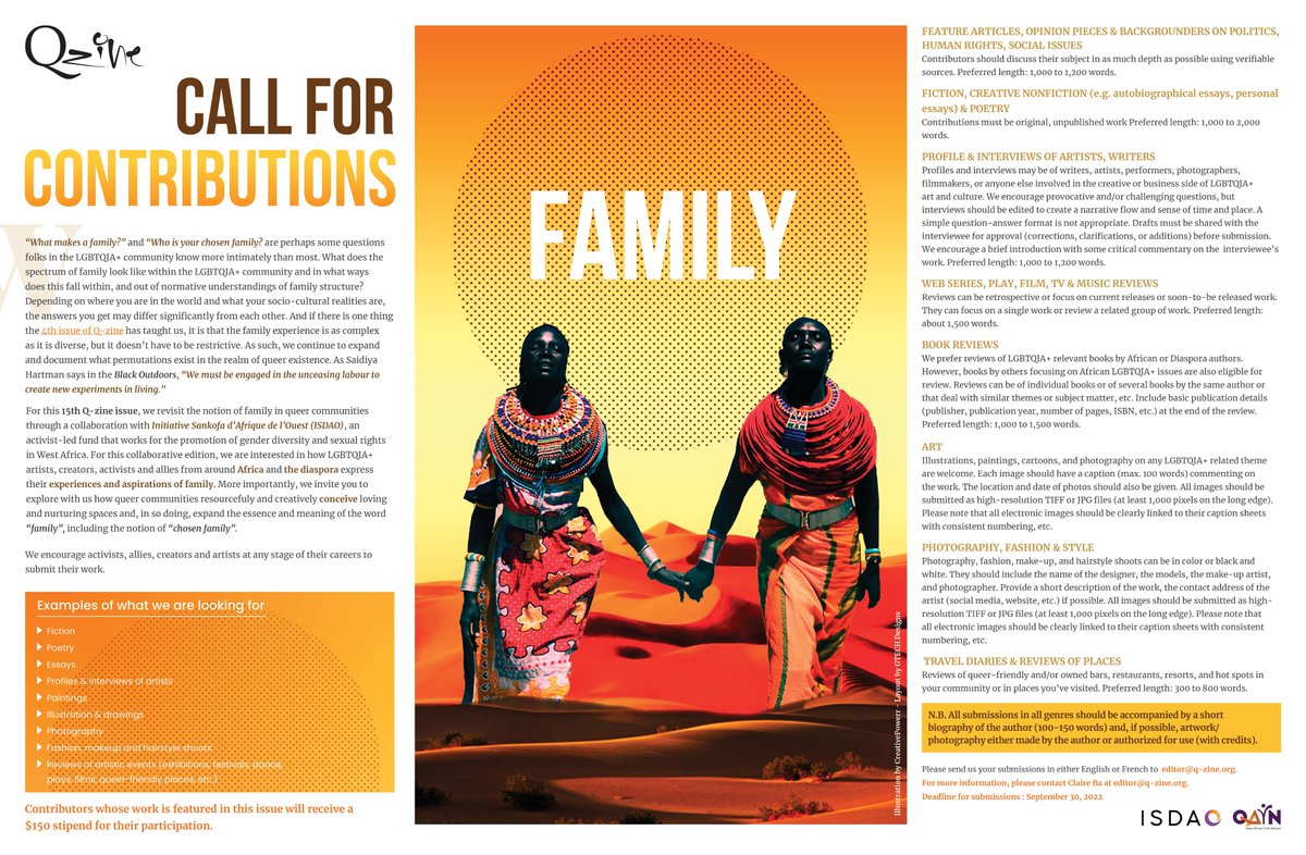 q_zine's tweet photo. What does the spectrum of family look like within the LGBTQIA+ community ? Explore  with us how queer communities are expanding the essence and meaning of the word “family”, including the notion of “chosen family”.
To contribute: https://t.co/cJSyXZ6CvP
#LGBTQIA #africa #art https://t.co/nmYgM86AzP