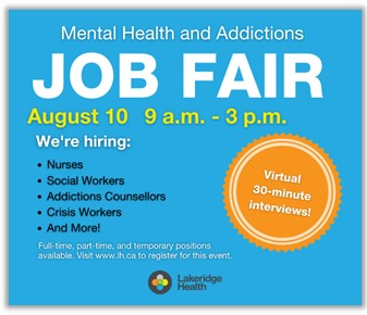 SmithAndream's tweet photo. VIRTUAL MENTAL HEALTH AND ADDICTIONS CAREER FAIR - August 10, 2022 
#LakeridgeHealth is hiring Full Time, Part Time, Temporary and /Relief Mental Health professionals across all inpatient, outpatient and community-based programs.  Register at https://t.co/aohkPRsX6j https://t.co/NYzXwNKrwm