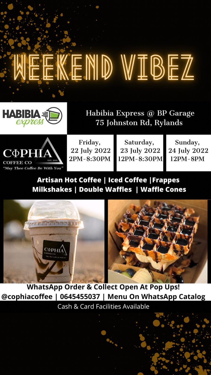 Catch us this weekend In Rylands 🤩
WhatsApp orders Open for collection 🙌
0645455037 
Full Menu on WhatsApp Catalog