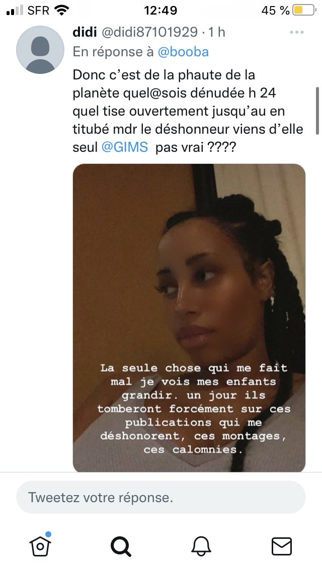 didi87101929's tweet photo. @booba @GIMS  elle parle de déshonneur c’est nous ont la force à ce dénudée au boire elle pensée pas à ses enfants à ce moment là maintenant elle@y pense lol arrête là tise demba sa fonctionne plus la haut https://t.co/AwpqQ7Xe10