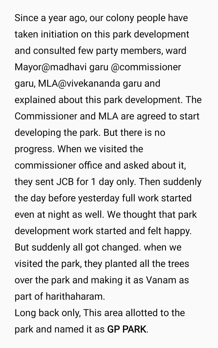 SandeepShivana1's tweet photo. @SandeepRamidi90 @KTRTRS @KTRTRS sir, In every house people want Park not Vanam. Please look into this issue. 
Intially it started as Park development but now it turned into Vanam(urban forest).
We too support Haritha haram but not in this way. https://t.co/fovHXem44c