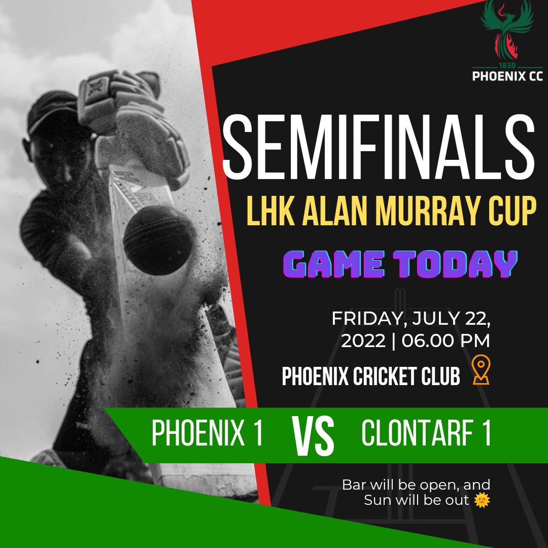 phoenixcricket's tweet photo. Great evening on the cards at Phoenix Park, as Phoenix 1 meets Clontarf 1 in LHK Alan Murray Cup SEMIFINALS today. Bars open, sun's out - join us for the action in Phoenix CC!!! #phoenixpark #phoenixcc #clontarfcc #cricketleinster https://t.co/W0egjQPT17