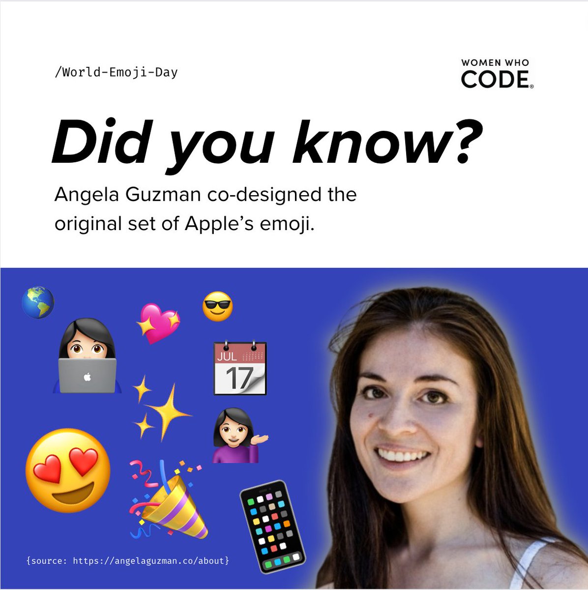 WomenWhoCode's tweet photo. Angela Guzman @agzmn is an award winning #UX designer who has worked with @Google, @Airbnb, and one of the designers who helped create emojis for @Apple in 2008 as well as other iOs product designs. 

#wwcode
#womenwhocode
#womenintech 
#WorldEmojiDay https://t.co/GGNkCr4mvx