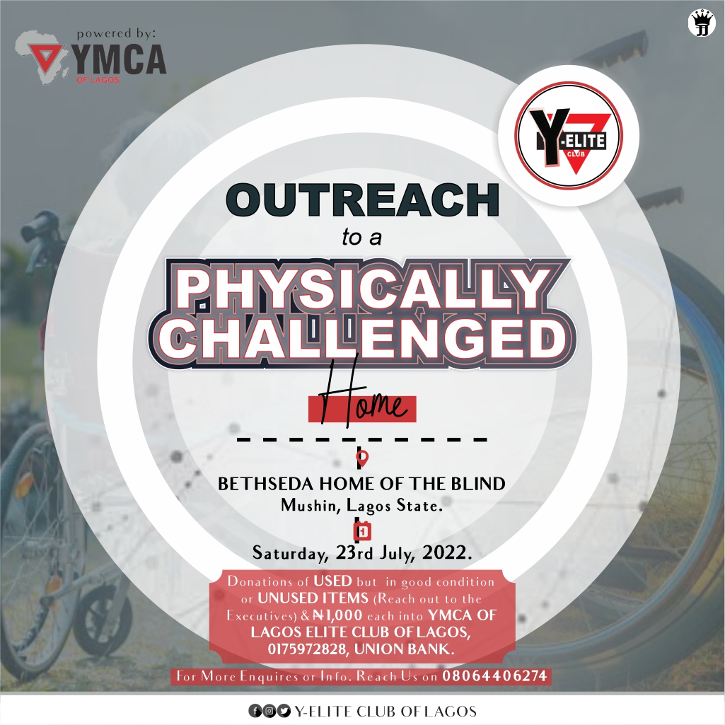 LagosYMCA's tweet photo. The Y-Elite Club of Lagos &amp; YMCA of Lagos has put together an OUTREACH to a PHYSICALLY CHALLENGED HOME as part of the Voluntary Service of giving back to the Community on Sat., 23rd July, 2022 at Bethseda Home of the Blind, Mushin, Lagos.
•
#YE4Good #Community #EndSARS #ASUU https://t.co/hhi1dTp8tB