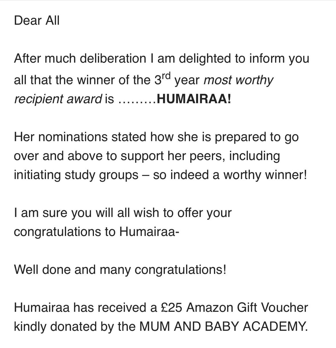 HumairaaMulla1's tweet photo. Really grateful and honoured to have received this award! 🥺 Thank you to those to who voted for me, and a big thank you to Mum and Baby Academy for donating this voucher! 💓 https://t.co/lANOIk1cgT