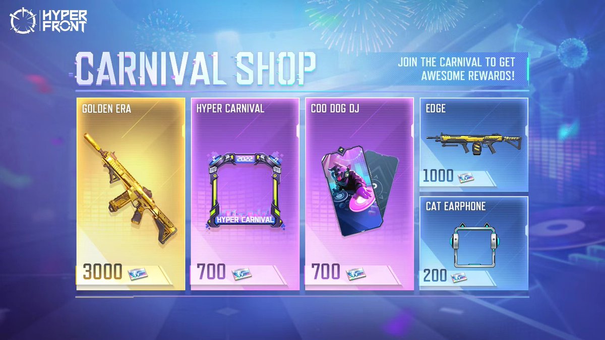 🤩 Hyper Carnival Mağazası sınırlı bir süre için açıktır. Öğeler ücretsiz olarak alınabilir!

 Mağazada kalıcı Efsanevi M4A1 görünümü Altın Çağ ile harcanılabilen Karnaval Kuponları, ayrıca kalıcı bir avatar çerçevesi ve kartlarını kazanmak için Hyper Carnival'a katılın!
