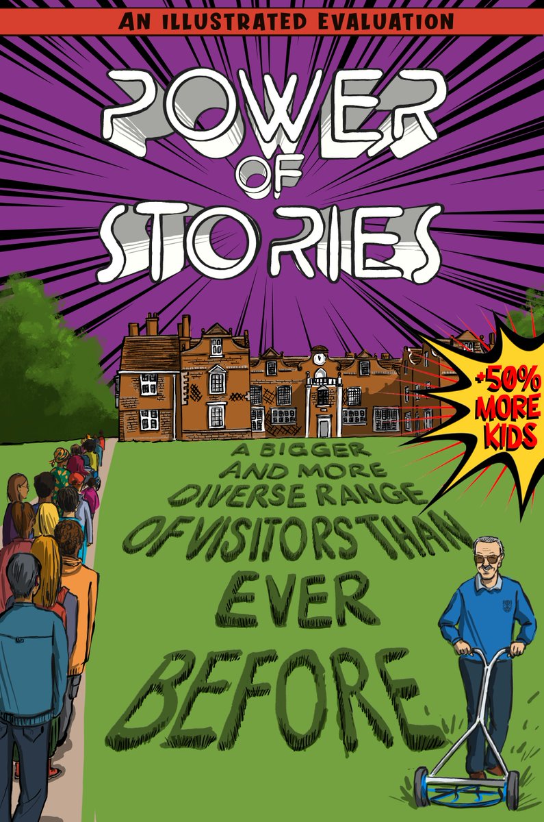 When we were asked to illustrate the evaluation report for #powerofstories exhibition, we knew there was only one way to do it!

We transformed it into a comic book, featuring scenes from the exhibition &amp; real life quotes, we even sneaked in a Stan Lee cameo, cutting the grass!