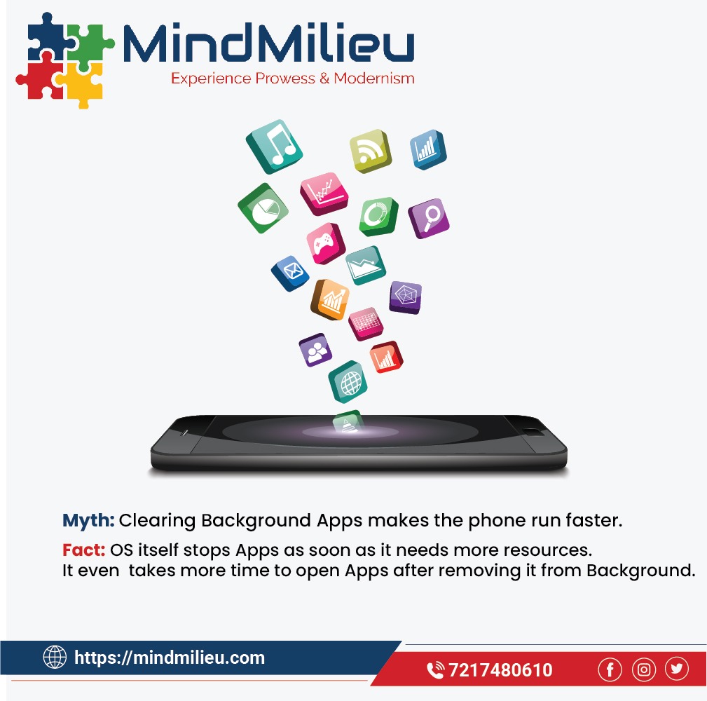 mindmilieu's tweet image. Clearing background apps in your phone is taken care by OS.

#Mythbuster #Friday #Backgroundapps #Operatingsystem #MindMilieu #Design_Develop_Maintain #AutomationSolutions #Phone #Fridayfact