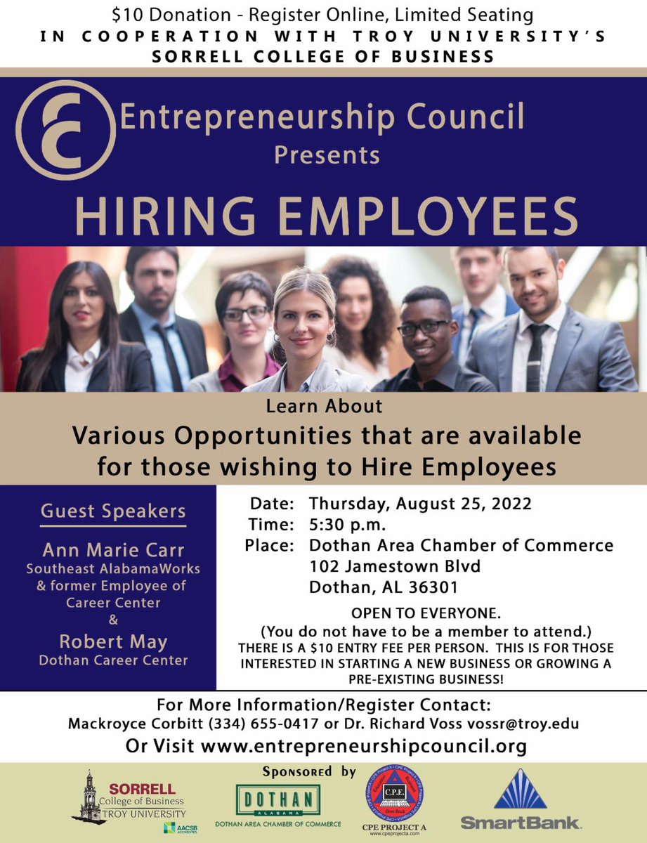 sealaworks's tweet photo. Entrepreneurship Council is hosting a seminar August 25th! It will be held at the Dothan Area Chamber of Commerce with guest speakers Ann Carr and Robert May. It is open to everyone! #seminar #entrepreneurship #southeastalabamaworks https://t.co/nmKuOjGE2Q