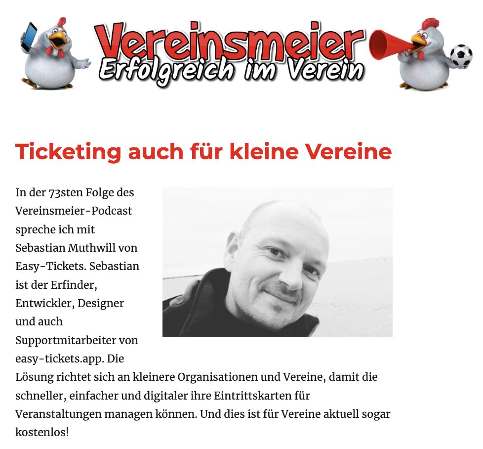 Die Podcastfolge im <a href="/Vereinsmeier_On/">Vereinsmeier</a> Podcast ist online. 
Wir sprachen darüber 

- wie es zu easy-tickets gekommen ist,
- was easy-tickets eigentlich macht und
- wie Vereine davon profitieren können
 
vereinsmeier.online/ticketing-auch…

Danke Karsten für das Interview.