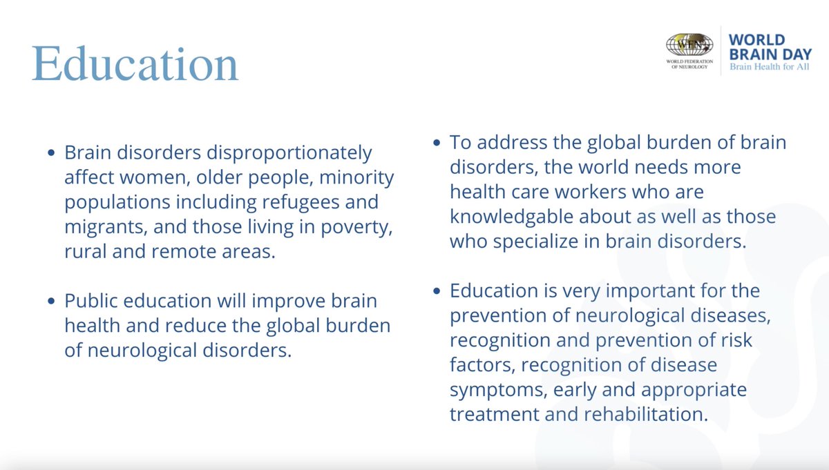 Brain 🧠 disorders disproportionately affect #women #older people #minority populations - education is key to improve brain health! #WBD2022 #BrainHealthForAll