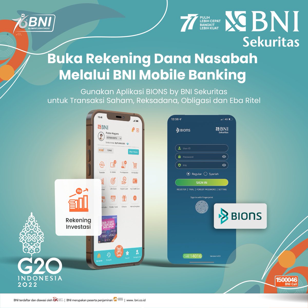BNI's tweet photo. Mau investasi makin mudah, buka Rekening Dana Nasabah sekarang melalui BNI Mobile Banking! Untuk transaksi lainnya seperti pembelian Saham, Reksadana, Obligasi dan Eba Ritel kamu bisa menggunakan aplikasi BIONS by BNI Sekuritas. Info selengkapnya https://t.co/NYLJMYhxJQ https://t.co/CCwOwzg7RV