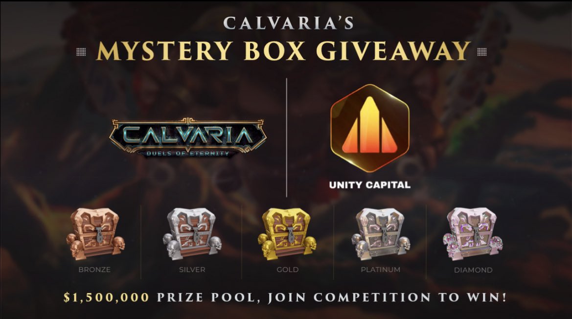 Unity Labs (@unity_labs_) on Twitter photo ♠️🔥 Calvaria Airdrop is now live 🚀
To celebrate 🥂 recent #partnership with <a href="/CalvariaP2E/">Calvaria: Duels of Eternity</a> We will Do #Airdrop $1,500,000 USD worth of Calvaria Mystery Boxes to the warriors 💪
👉Participate here bit.ly/3OleCWY
#Airdrop #Calvaria #Unitycapital #Binance #BNB $RIA #WMK ♠️🔥 Calvaria Airdrop is now live 🚀
To celebrate 🥂 recent #partnership with <a href="/CalvariaP2E/">Calvaria: Duels of Eternity</a> We will Do #Airdrop $1,500,000 USD worth of Calvaria Mystery Boxes to the warriors 💪
👉Participate here bit.ly/3OleCWY
#Airdrop #Calvaria #Unitycapital #Binance #BNB $RIA #WMK