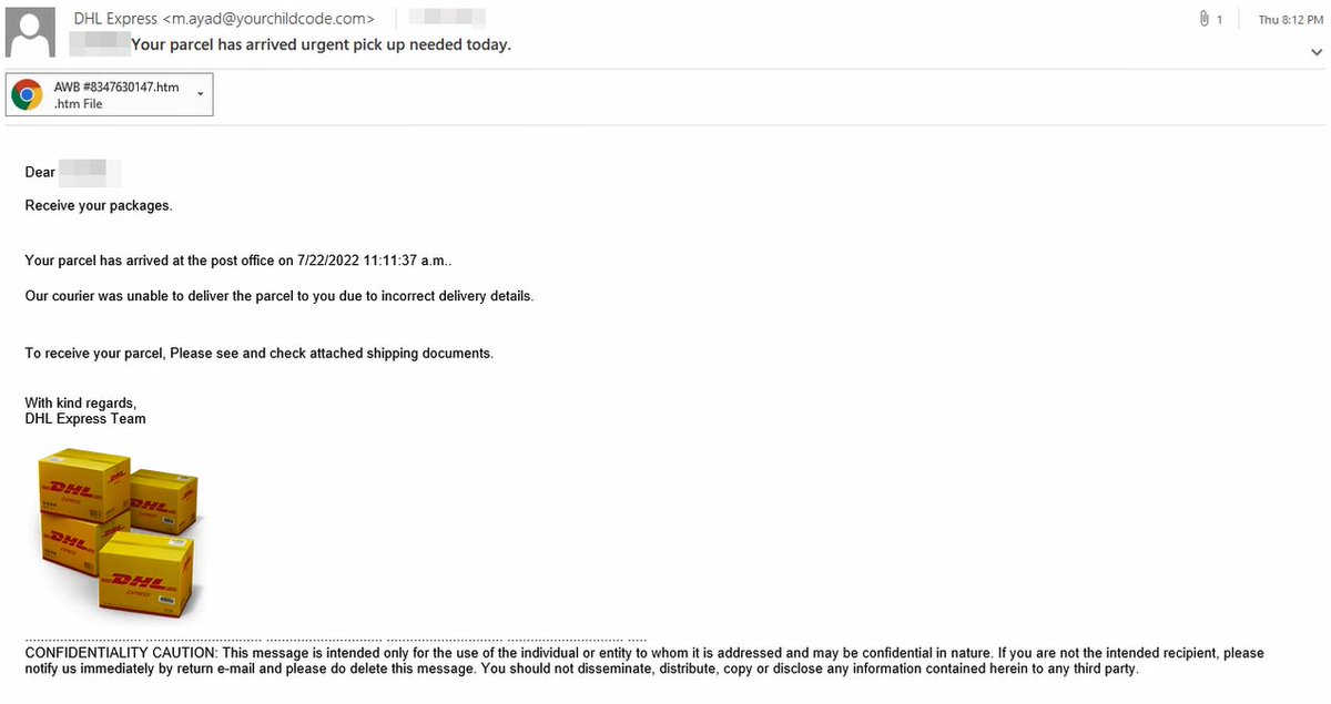 joshjaggard's tweet photo. DHL #phishing email with html attachment posting creds to hxxps://waqhz[.]com/wp-admin/cry/newDHL[.]php. Site is behind @Cloudflare, registrar is @Namecheap. @illegalFawn https://t.co/sGucilATJm