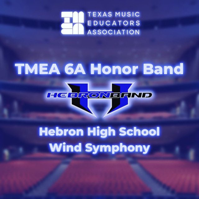 The <a href="/TheHebronBand/">THE HEBRON BAND</a> Wind Symphony is honored to be named this year’s TMEA 6A Honor Band. They will perform at the TMEA Convention in SA in February. Congrats to Flo Mo Wind Symphony (2nd) &amp; CTJ Wind Ensemble (3rd) along with <a href="/ArborCreekMS/">Arbor Creek MS</a> Honors Band for placing 4th in class 2C!
