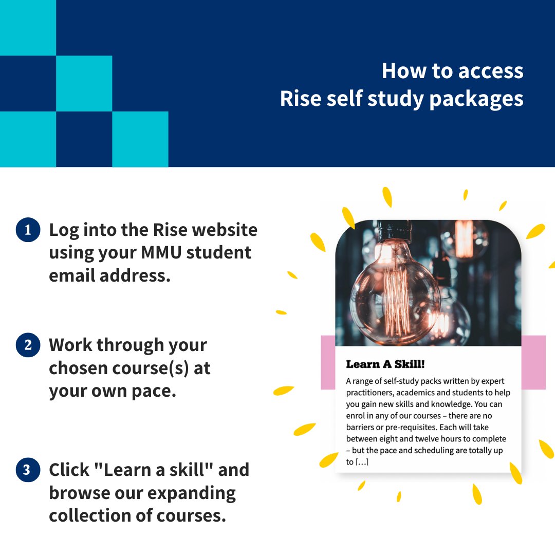 Self study packages cover a HUGE range of topics, including...

Computing 💻 young people 🧒 sustainability 🌎 vlogging 🤳 coding 🧑‍💻 languages 💬 social media 🗣 mental health 🧠 research 📖 anti-racism ✊ and more!

Get started with Rise today: rise.mmu.ac.uk/skills/