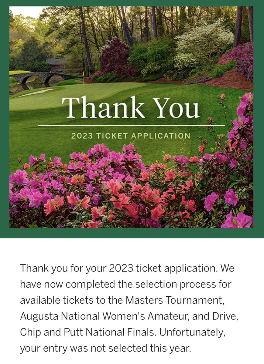 mdhollow's tweet photo. A tradition unlike any other: Your entry for tickets to #TheMasters does not get selected and you deal with the disappointment by making a super clever (and totally unique) tweet about how not being selected every year is a tradition unlike any other… https://t.co/Fxy0NpbKRf