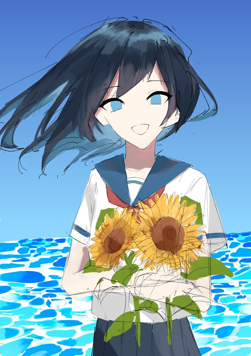 1girl solo sunflower flower skirt blue eyes holding  illustration images