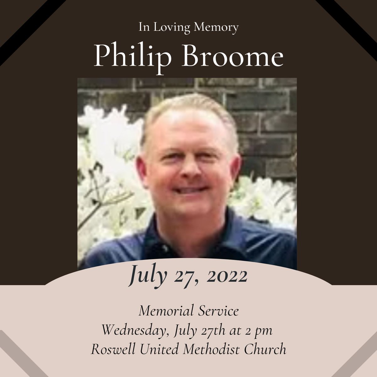 United_FA's tweet photo. Please continue to keep the Broome Family in your prayers. The service for Coach Phil will be held on Wednesday, July 27th at 2:00 p.m. at Roswell United Methodist Church https://t.co/AeNzacda9g https://t.co/VvjNlY9psn