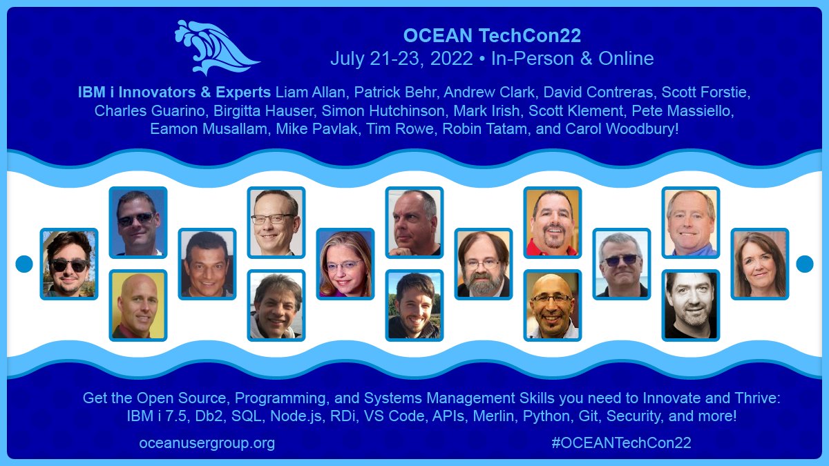 OCEANUserGroup's tweet photo. It's going to be another great day for #IBMi Education! Day 2 of #OCEANTechCon22 starts at 8 am PT! See you soon @notesofbarry @P_Behr @MeridianITInc @Forstie_IBMi @charlieguarino @RPGPGM @freschesolution @MikeyPEI @TimRowe_IBMi @carolwoodbury https://t.co/MaL8EV8uoA https://t.co/RPZBMA6sL1