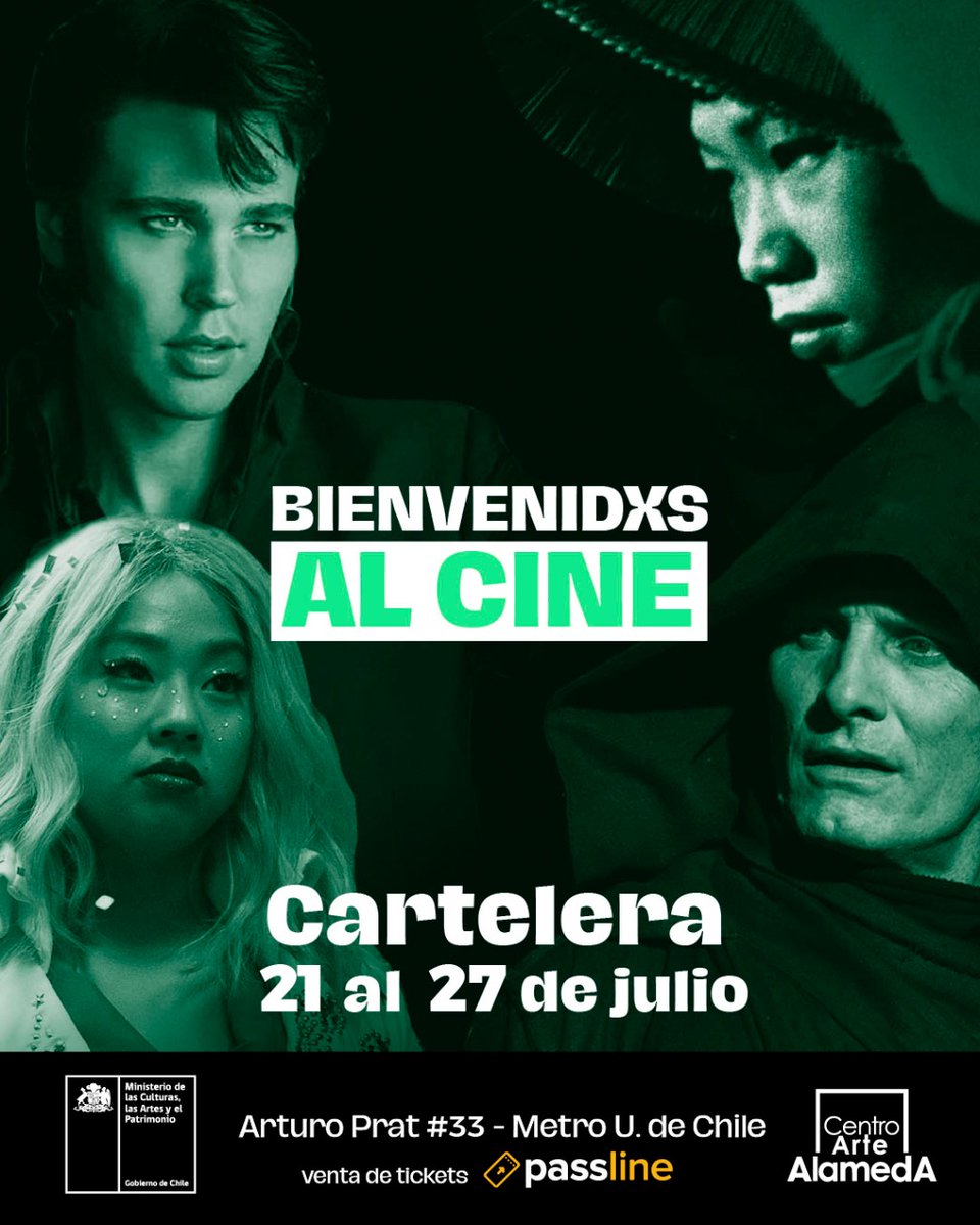 CineArteAlameda's tweet photo. 🎞️CARTELERA #CentroArteAlameda - SALA CEINA
✅21/7 - 27/7, 2022
📍Arturo Prat 33
🎟️https://t.co/bBMCotel7v 

👀con: 
👂 #CrimesoftheFuture 
🧿#EverythingEverywhere 
✨ #Elvis 
📽️ Director del Mes: Chris Marker
🏳️‍🌈 Trasnoche Disidente: My Own Private Idaho
¡y mucho más! https://t.co/16otpwgApj