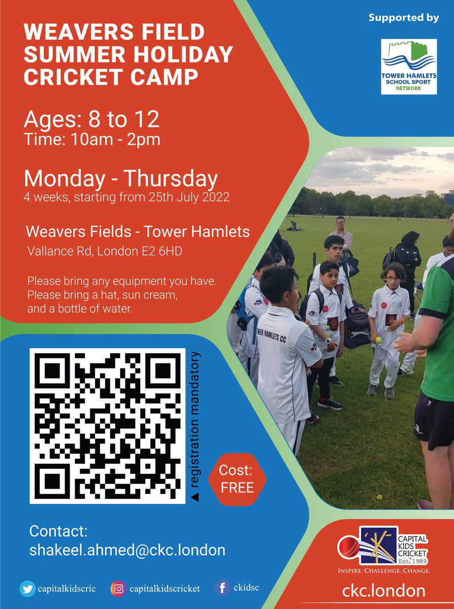 virginiaprim1's tweet photo. Parents are you stuck for ideas on what to do in the summer holidays?! 

There is a FREE summer holiday cricket camp running throughout July/August at Weavers Field, run by Capital Kids Cricket/Tower Hamlets CC’ (see more information on leaflet).
What a great opportunity! 🏏 https://t.co/HJRnndaezM