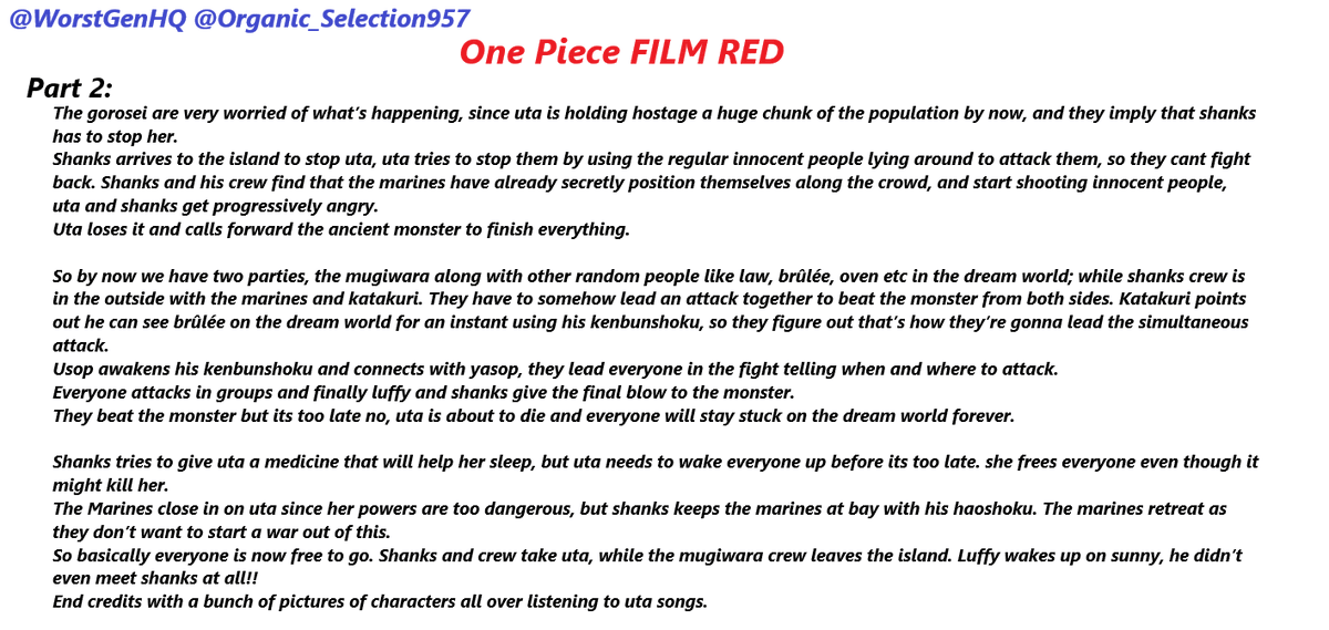 WorstGenHQ's tweet photo. #OP_FILMRED 
Spoiler Alert!!!
Thanks to Organic_Selecetion957, an small summary of the events for the movie, avoid my picture if you don´t wanna spoiled on it, thanks!!
Part1/Part2, Spoilers to Film RED: https://t.co/5pmAVQOyjN
