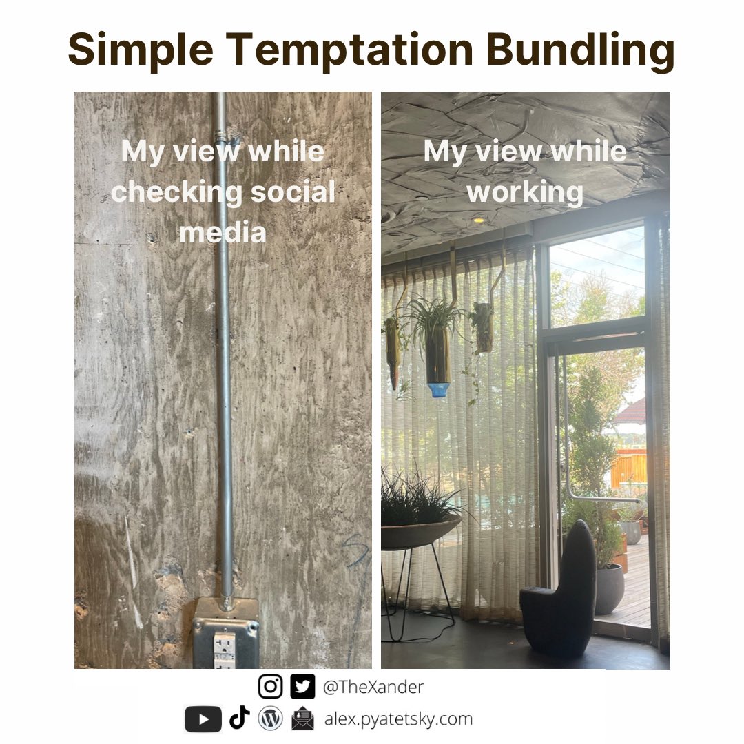 TheXander's tweet photo. (1/3) Temptation bundling is a way to make desirable behaviors more attractive and cement them into habit or to make undesirable behaviors less attractive and break “bad” habits.
It’s been studied, and it works.
Here’s a way I use it.
#makeitattractive #makeiteasy https://t.co/J8iSGjijY1