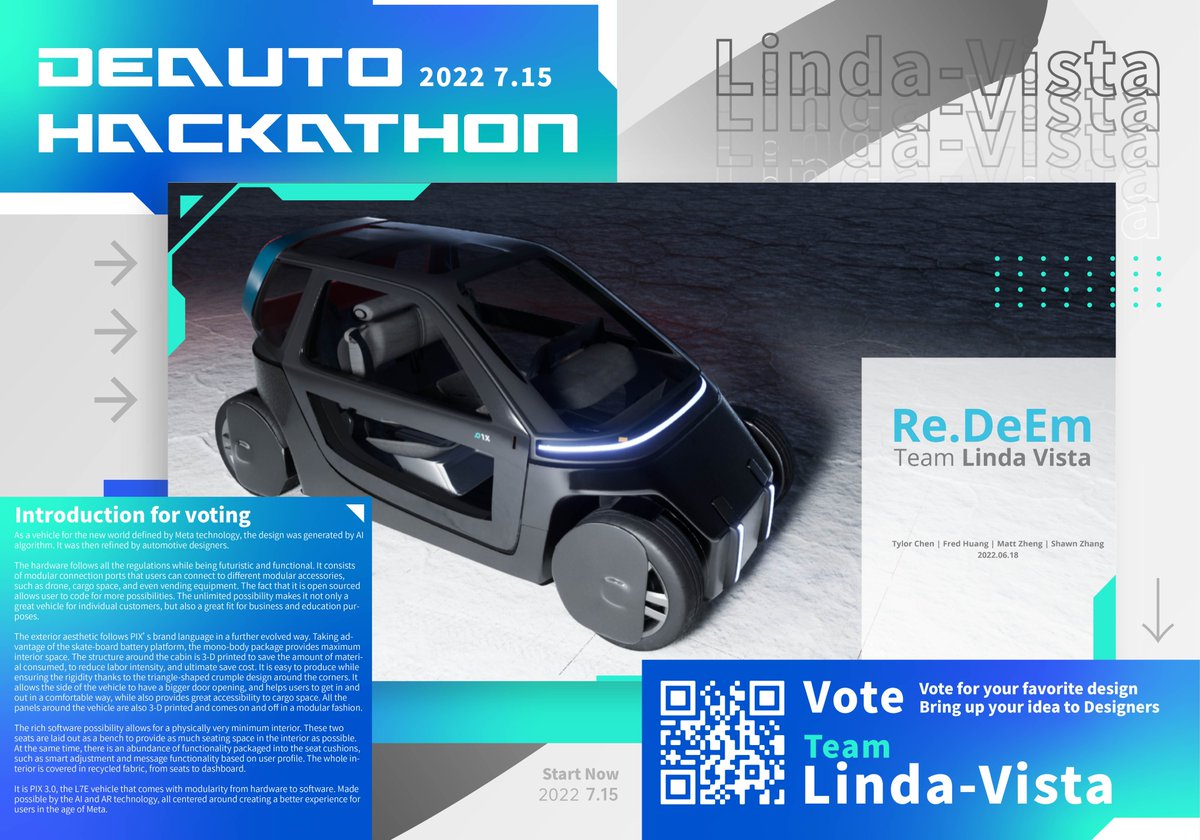 DeAutoDAO's tweet photo. ❤️it to #VOTE it
Team: Linda-Vista
Design Concept: As a vehicle for the new world defined by Meta technology, the design was generated by AI. It was then refined by automotive designers.
Click❤️if it's your favorite design in #DeAutoHackathon https://t.co/M7tGOI7pqZ