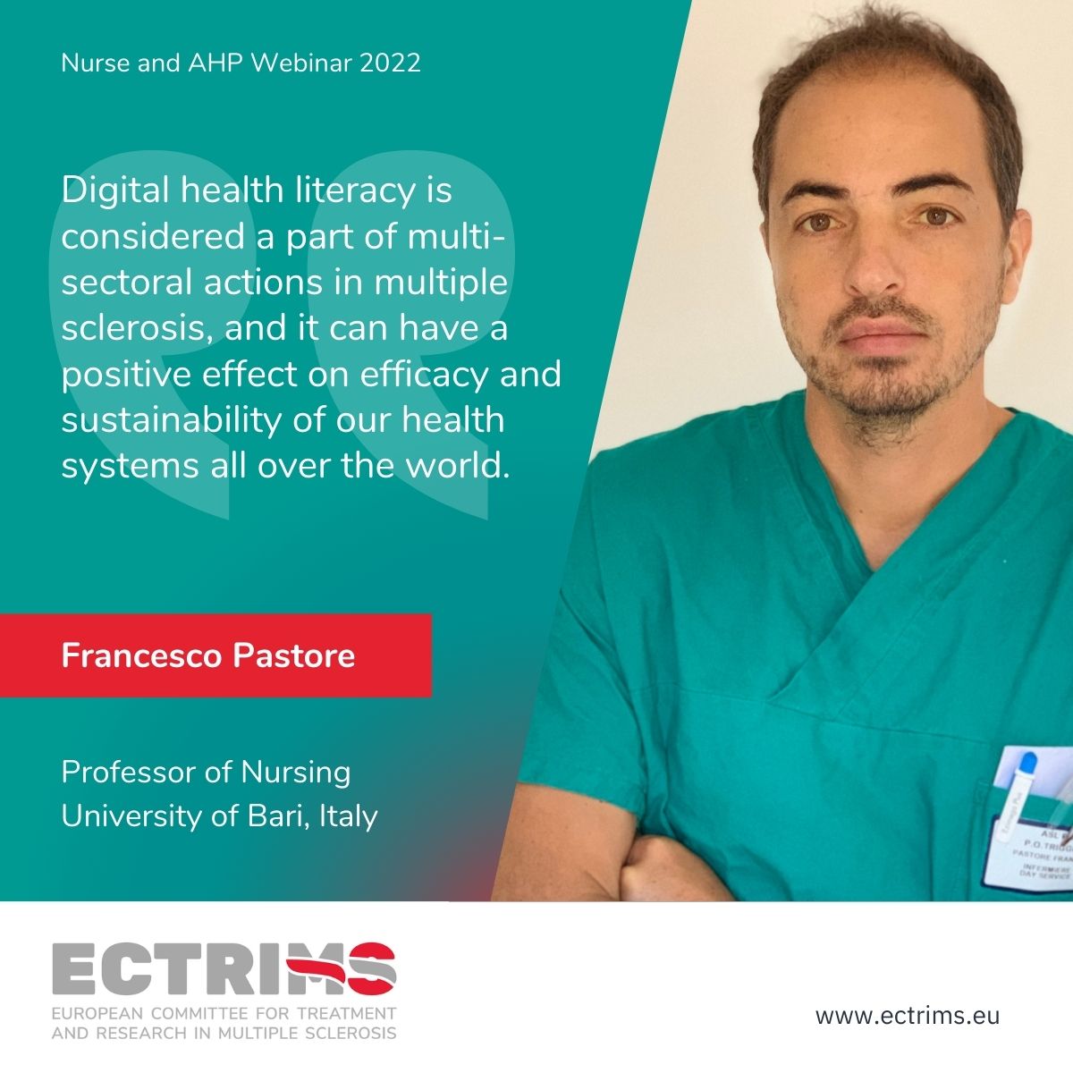 "Digital health literacy can have a positive effect on efficacy and sustainability of our health systems all over the world": Francesco Pastore <a href="/kekkonet/">Francesco Pastore</a> from <a href="/unibait/">Uniba.it Aldo Moro</a>  speaking at an ECTRIMS #MS webinar for #Nurses &amp; #AHPs

Watch the full webinar here: bit.ly/3ynQ1uz